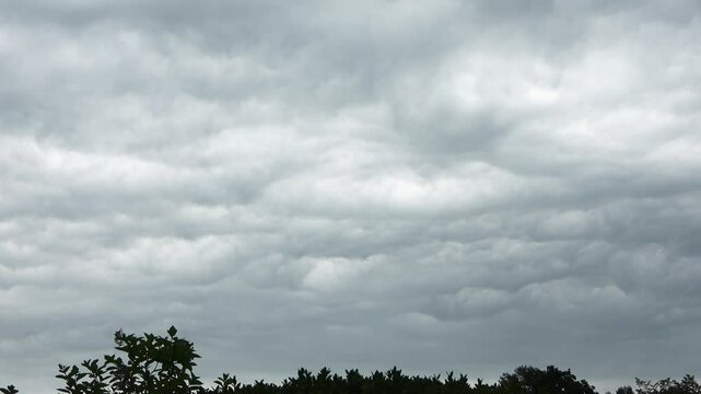 Time lapse of ominous asperatus clouds rolling dramatically across scenic sky, moving above silhouetted trees with intense atmospheric presence.