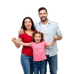 Portrait of a happy family with daughter, smiling parents and child together, perfect for family-themed content, PNG format.