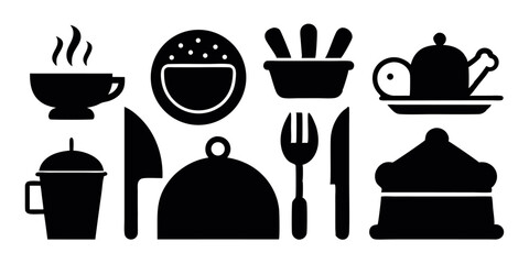 Collection of Restaurant Menu Icons in Black Silhouette