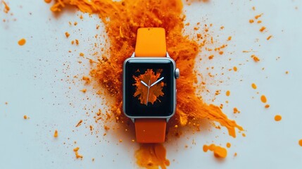 Vibrant Orange Explosion Surrounding Smartwatch Displaying Leaf Design on White Background