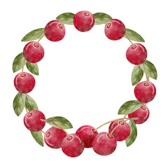 Watercolor wreath berries cherries with green leaves, illustration juicy fruit red pink hand drawn. Round on isolated background for design textiles, packaging, clothes, card, label, holiday