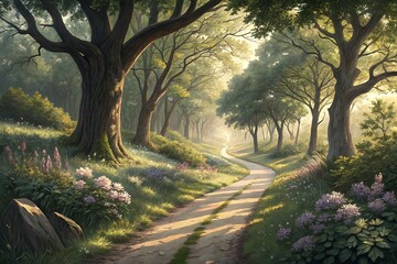 Sunlit path winding through a lush green forest
