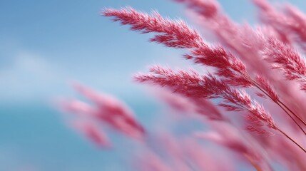 Soft pink grass sways gently in the breeze under a clear blue sky. This serene image evokes peace and beauty in nature. Ideal for calming designs and relaxation themes. AI