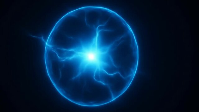 Glowing blue orb with electric charge and bright light inside. Energy sphere concept with abstract plasma and light, footage.