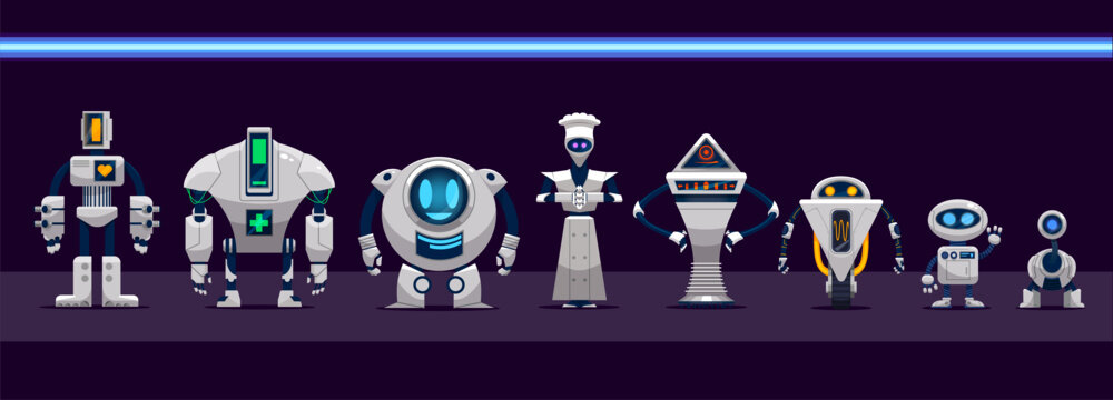 Vector illustration of 8 cute cartoon robots, each with a unique function: a medical bot, chef bot, animal robot, assistant, and more. Designed in a playful, colorful style perfect for games