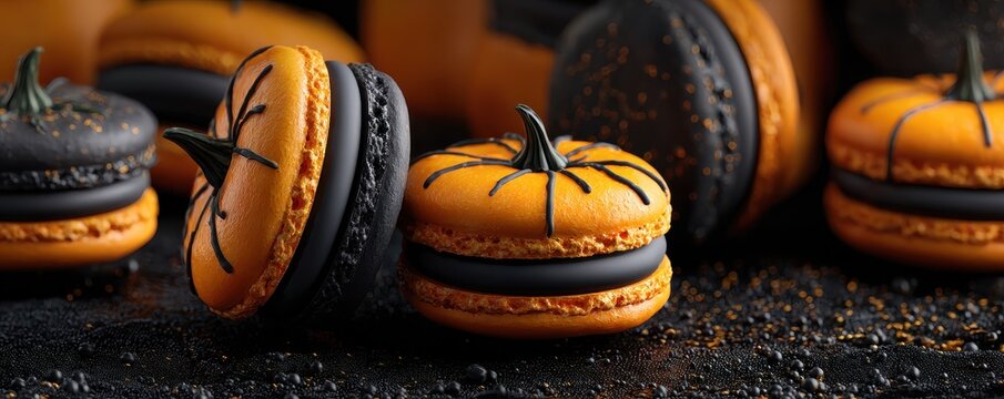 Halloween pumpkin macaron. Halloween-themed macarons in orange and black with spider web designs, arranged on a dark surface with festive sprinkles. - Powered by Adobe