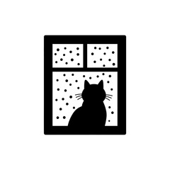 Cat in Window with Snowfall for Cozy Winter Scene