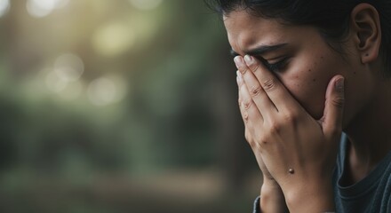 Young woman covering face with hands while feeling distressed outdoors  