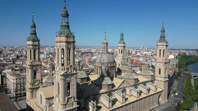 Aerial view of Zaragoza streets in Spain with Cathedral-Basilica of Our Lady of the Pillar (Catedral bas&iacute;lica de Nuestra Se&ntilde;ora del Pilar) in sunny summer weather