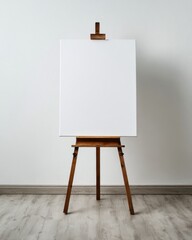 Premium photo of blank white canvas on an easel, set against a plain background for text or design space. White studio background. The painting stand is wooden and has three.