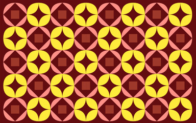 abstract seamless pattern. Ethnic style Indonesian Batik Ceplok motif, a simple geometric floral pattern alternating dark pink squares with yellow rounded petals on a maroon background