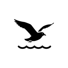 Seagull Flying Over Ocean with Clear Sky and Waves Below