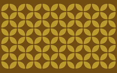 Ethnic style Indonesian Batik Ceplok motif, a simple geometric floral pattern featuring interlocking golden brown rounded shapes on a dark brown background
