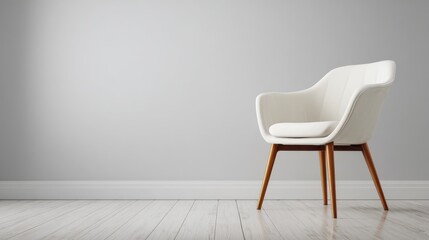 Premium photo of single modern white chair furniture with wood legs and minimal copy space background.