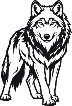 A stylized gray wolf standing on a white background with green eyes looking directly at the viewer