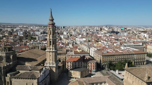 Aerial view of Zaragoza streets in Spain in sunny summer weather