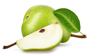Pear with leaves isolate. Pear on white. Pear clipping path.