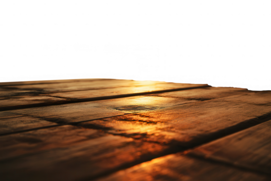 Warm wooden planks with sunlight reflecting on the surface against a transparent background
