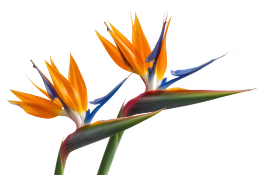 Two vibrant bird of paradise flowers against a stark transparent background in a close up shot