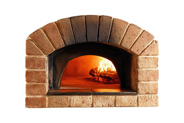Brick wood-fired oven with flame inside isolated on transparent or white background, png