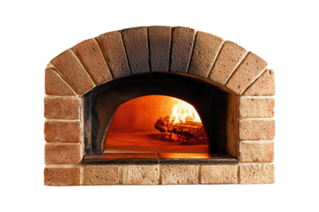 Brick wood-fired oven with flame inside isolated on transparent or white background, png