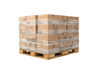 Shrink-wrapped pallet of cardboard boxes isolated on transparent or white background, png