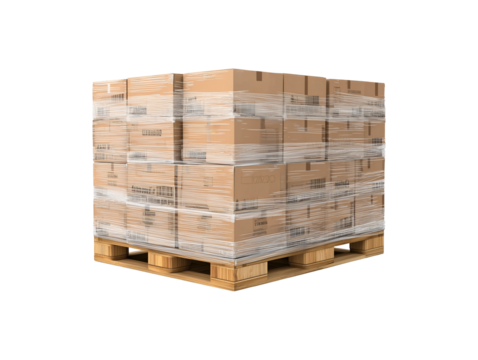 Shrink-wrapped pallet of cardboard boxes isolated on transparent or white background, png