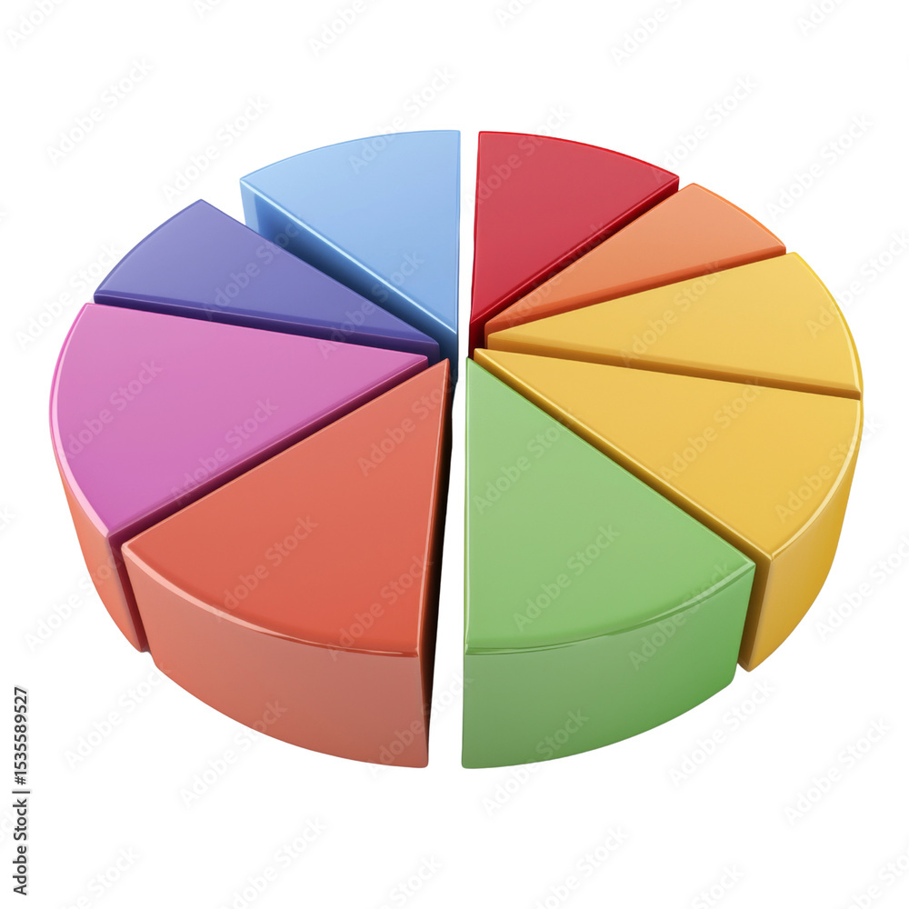 Poster Colorful pie chart with segmented sections representing data distribution, ideal for presentations and educational purposes