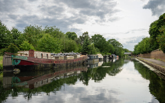 Hanwell, Greater London, UK: Old boats on the Grand Union Canal near Hanwell in London.