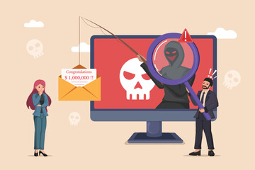 Cybercrime Prevention: Business Man Investigating Online Scams and Phishing Attacks with Magnifying Glass, Woman Contemplating a Deceptive Prize Email.