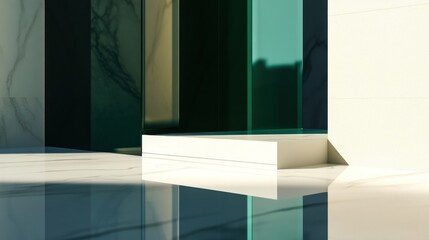 Abstract geometric composition with green glass panels and reflective marble floor for modern interior design concepts