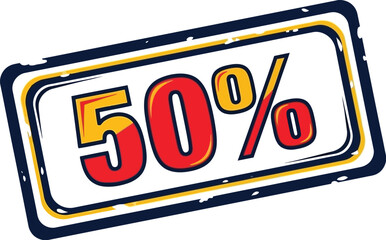 Fototapeta premium A stylized sign displaying fifty percent off with red numbers and a blue and yellow border design