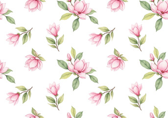 Watercolor Pink Magnolia Seamless Pattern, Floral Design, Botanical Illustration, Spring Flowers, Elegant Texture, Soft Hues, Romantic Background