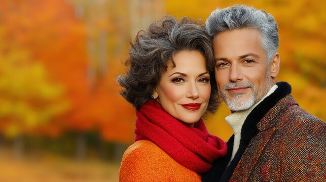 Beautiful mature couple enjoys romantic moment together in vibrant autumn park, copy space - Powered by Adobe