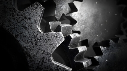 Mechanical machinery made of gears and cogs in black and white tones, detailed industrial background illustration
