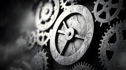 Mechanical machinery made of gears and cogs in black and white tones, detailed industrial background illustration
