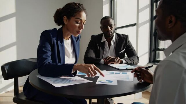 Diverse Business Team Reviewing Documents Together in Bright Office Meeting Room