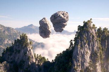Floating rocks mystical mountain vista surrealism