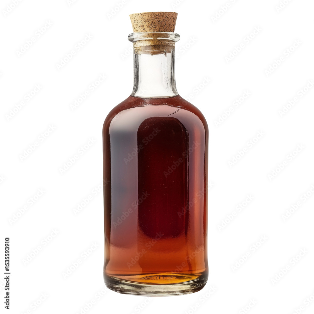 Poster glass bottle filled with dark liquid, featuring cork stopper, ideal for showcasing various liquids l