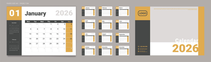 2026 Calendar Planner Set of Template Monthly Page and cover with Place for Photo, Company Logo. Vector layout of a wall or desk calendar with week start Monday for print. Page for size A4 -21x29.7cm