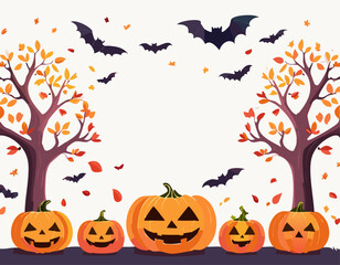 Cartoon style jack o lanterns surrounded by bare trees and bats in the sky, bright orange pumpkins and playful leaves, modern Halloween illustration with clear white space around the artwork.