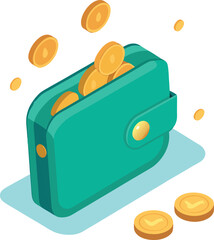 Teal wallet filled with golden coins isometric illustration