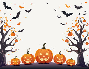 Cartoon style jack o lanterns surrounded by bare trees and bats in the sky, bright orange pumpkins and playful leaves, modern Halloween illustration with clear white space around the artwork.