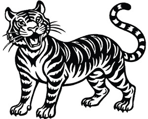 Fierce black and white tiger illustration roaring with striking brushstroke effects