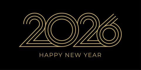 Happy New Year 2026 modern text. Golden 2026 number isolated on black background. Vector luxury design template for New Year card, cover, poster, calendar. Editable stroke