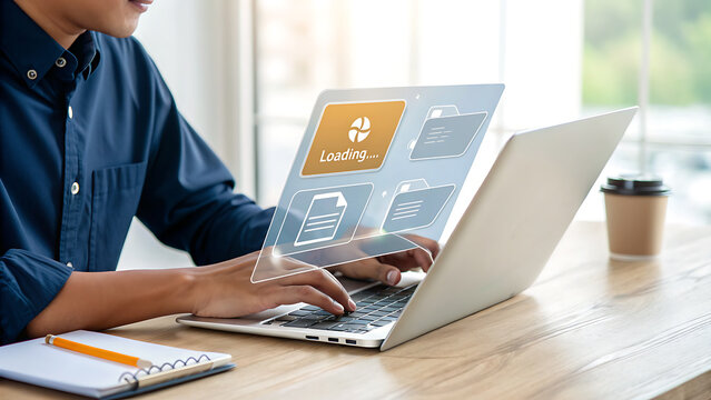 A man works on his laptop, which displays a loading screen with files and folders