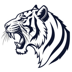 Powerful black and white illustration of a fierce roaring tiger profile design