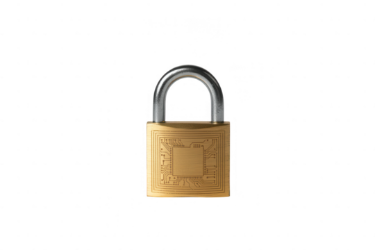 A golden padlock with a silver shackle and a circuit board design on a transparent background isolated