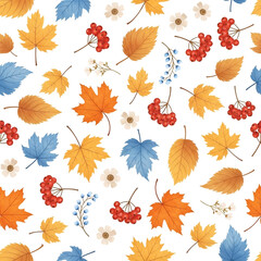 Fototapeta premium Autumn Seamless Pattern: Watercolor Fall Leaves, Berries, and Flowers Design