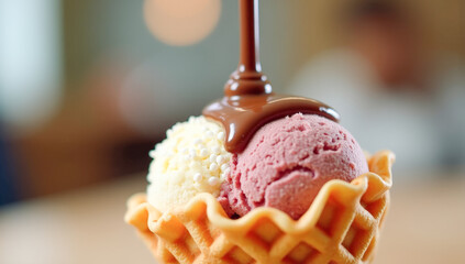 liquid chocolate is poured on top of vanilla ice cream in a waffle cup